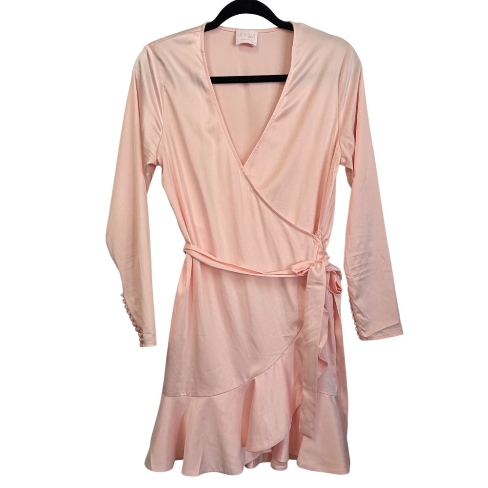 L'Academie Women Blush Pink Satin Ruffle Wrap Mini Dress Long Sleeve S Chic